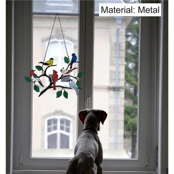 Six Birds Cardinal Gifts Stained Metal Window Hangings, Multicolor Bird On A - Picture 2 of 14